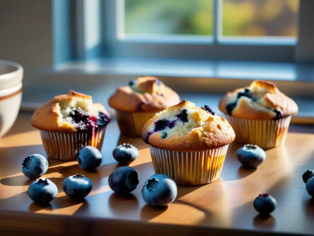 Un festín visual: Muffins de arándanos sin gluten en una mesa de madera rústica, bañados por la cálida luz matutina