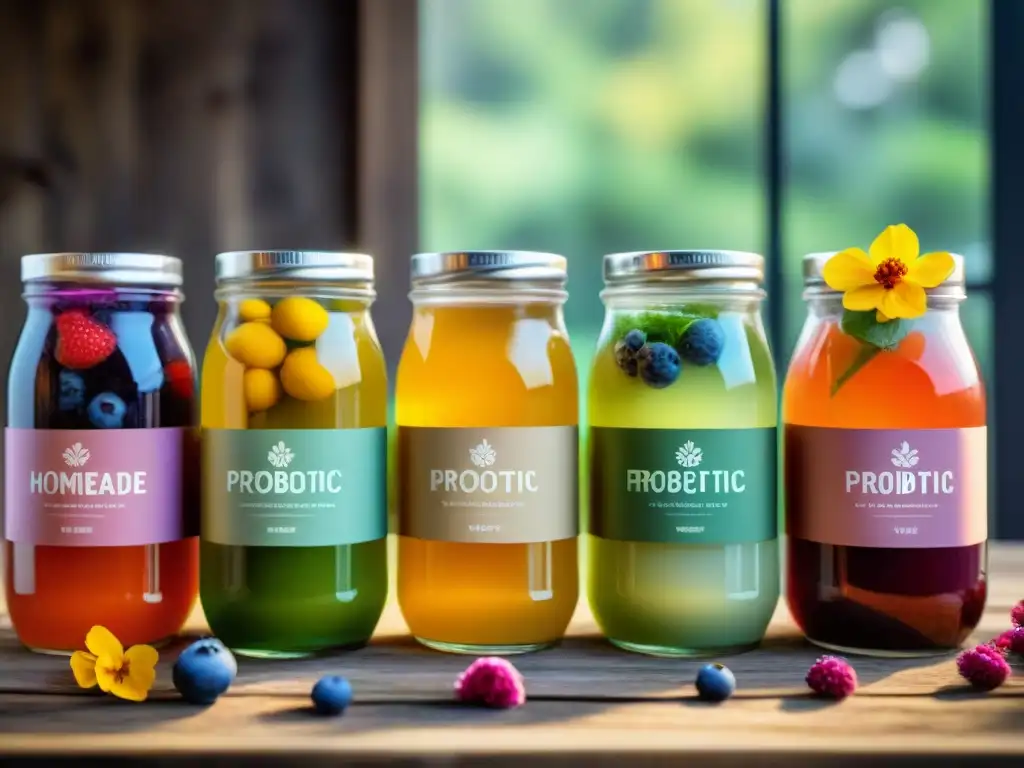 Un festín visual de bebidas probióticas caseras sin gluten, con colores vibrantes y detalles frescos