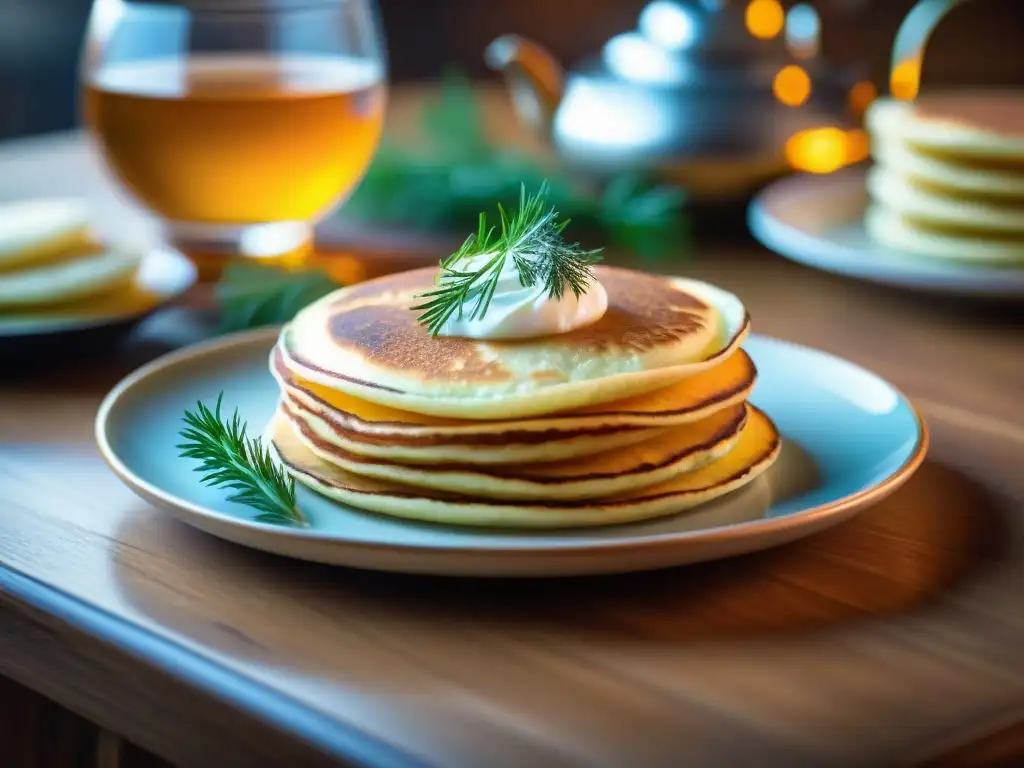 Un festín visual: blinis sin gluten receta auténtica, samovar y té, creando una escena acogedora y deliciosa