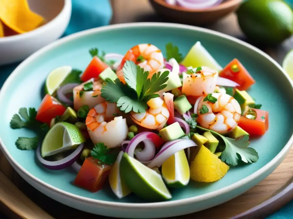 Un festín visual de ceviche sin gluten, con mariscos frescos y coloridos ingredientes, evocando la riqueza cultural de la cocina latinoamericana