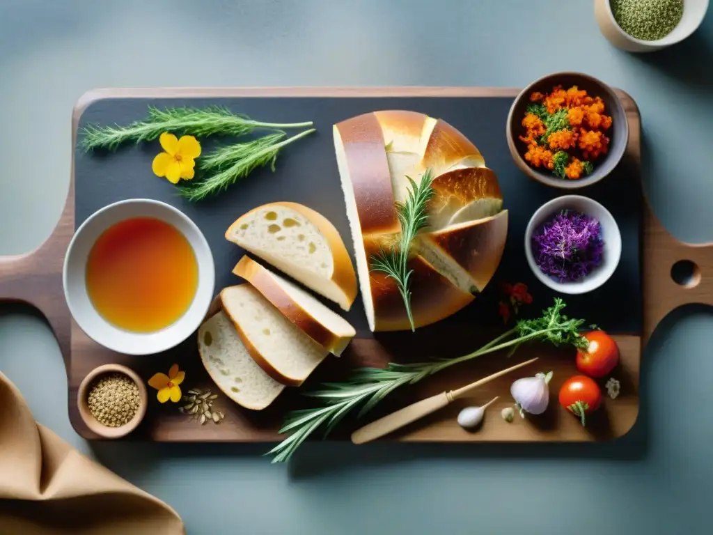 Un festín visual de fermentación sin gluten en cocina: pan de masa madre, kimchi y kombucha coloridos sobre tablas rústicas