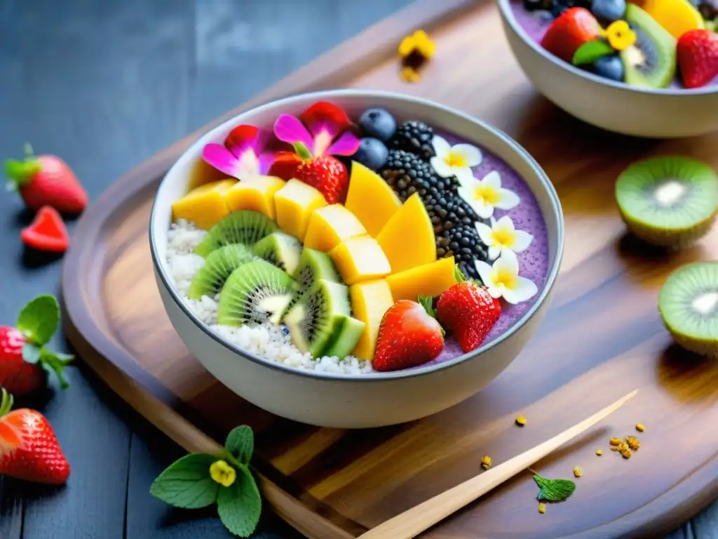 Un festín visual de coloridas bowls de batidos sin gluten decorados artísticamente con frutas, sobre una mesa rústica