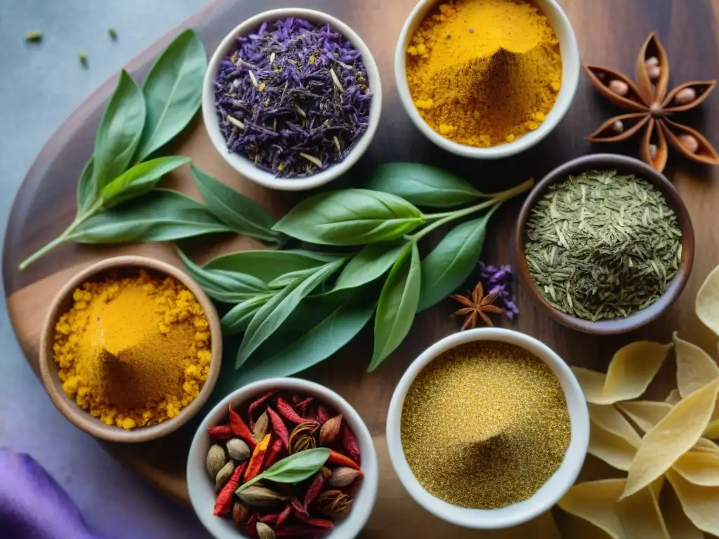 Un festín visual de condimentos sin gluten para snacks: coloridos chiles, albahaca, comino, cúrcuma y lavanda sobre tabla rústica