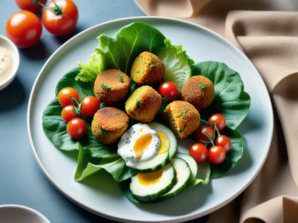 Un festín visual: falafel crujiente sin gluten receta en cama de lechuga, tomate y pepino, bañado en salsa tahini