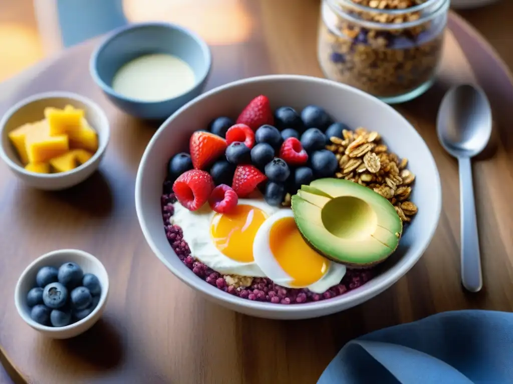 Un festín visual de desayunos energéticos sin gluten: bowls de açaí, pudín de chía, parfait de frutas, tostadas de aguacate y yogur de coco con granola