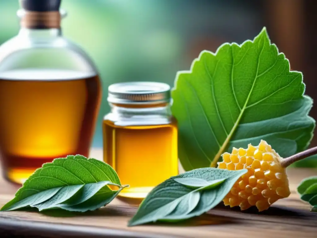 Un festín visual de edulcorantes naturales sin gluten: hojas de stevia, panal de miel, gotas de jarabe de arce y plantas de agave en una mesa de madera bajo una suave luz natural