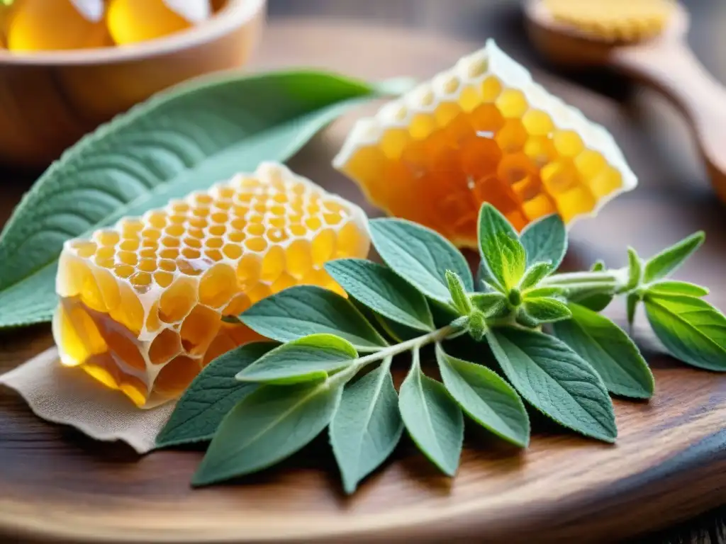 Un festín visual de edulcorantes naturales sin gluten: hojas de stevia, néctar de agave y panal de miel en una mesa rústica iluminada suavemente