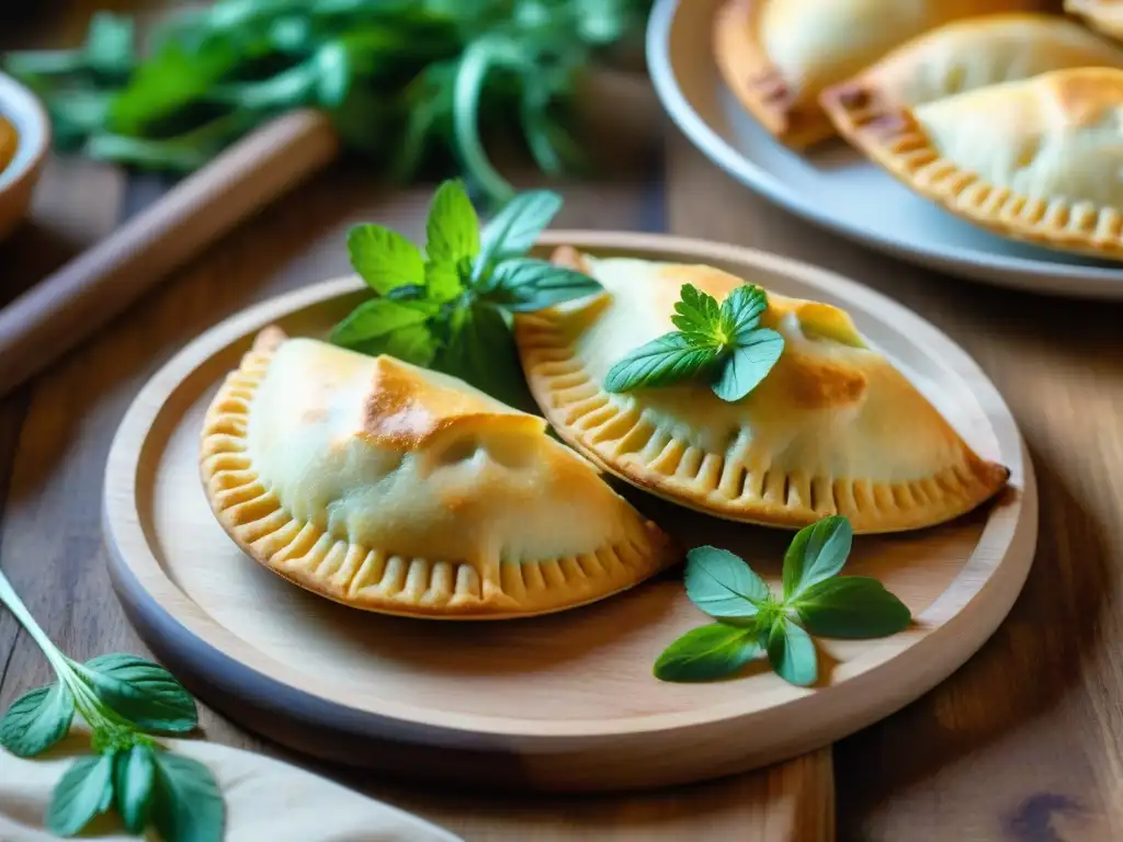 Un festín visual de empanadas sin gluten crujientes doradas en bandeja, rodeadas de hierbas frescas