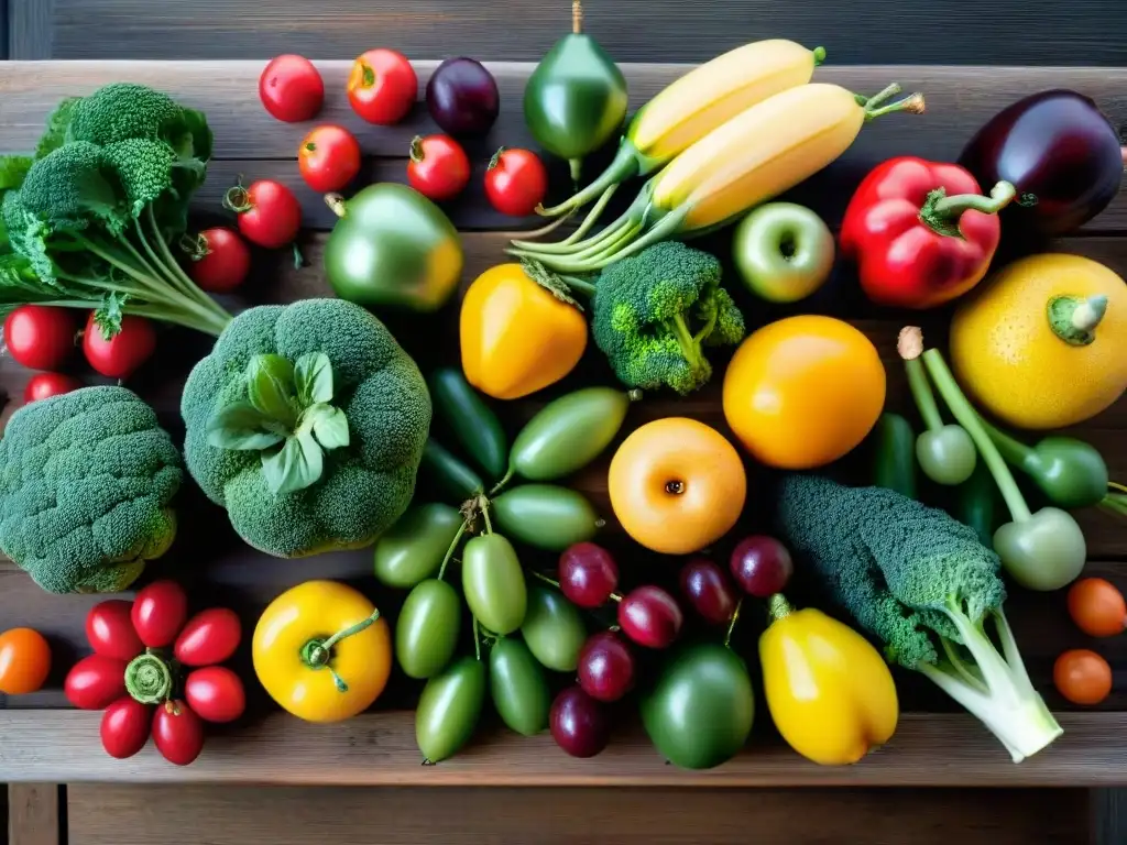 Un festín visual de frutas y verduras frescas sobre una mesa rústica, evocando salud y bienestar