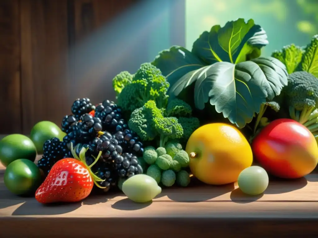 Un festín visual de frutas y verduras frescas en una mesa de madera rústica