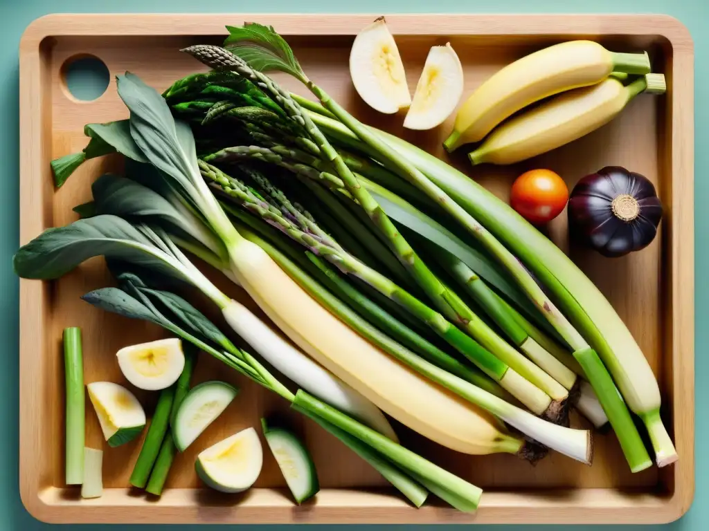 Deliciosos alimentos prebióticos en tabla de madera Un festín visual de frutas y verduras coloridas ricas en prebióticos sobre tabla de madera