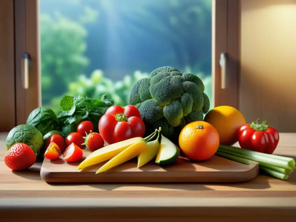 Un festín visual de frutas y verduras frescas en tabla de madera rústica