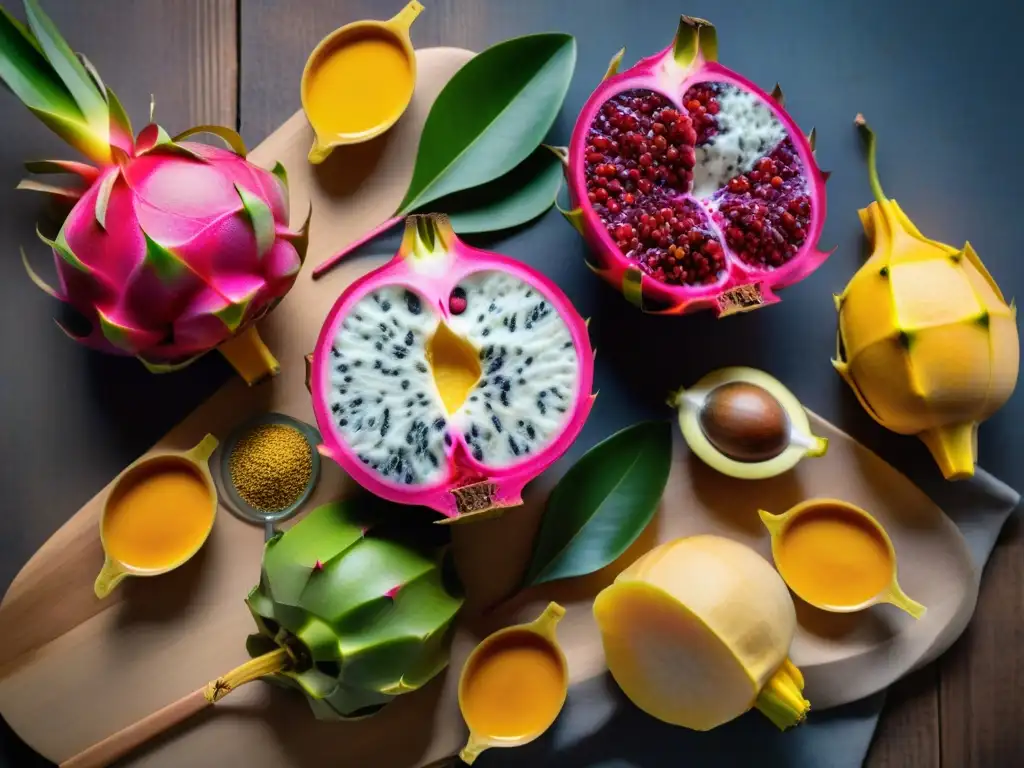 Un festín visual de ingredientes exóticos sin gluten: frutas vibrantes, especias y flores en una mesa rústica