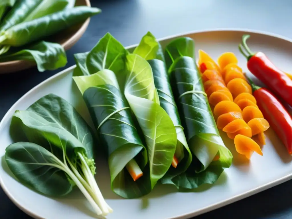 Un festín visual de ingredientes frescos y coloridos en una cocina moderna, invitando a crear receta rollitos primavera sin gluten