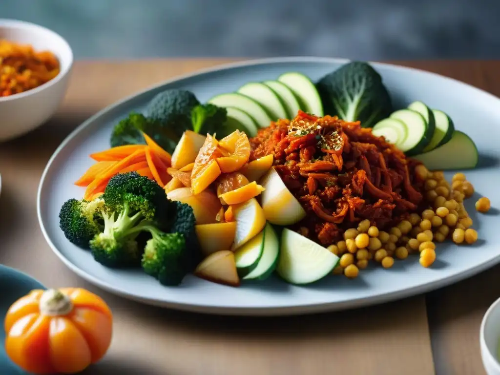 Un festín visual de kimchi sin gluten: variados y coloridos vegetales y especias en una presentación creativa y apetitosa
