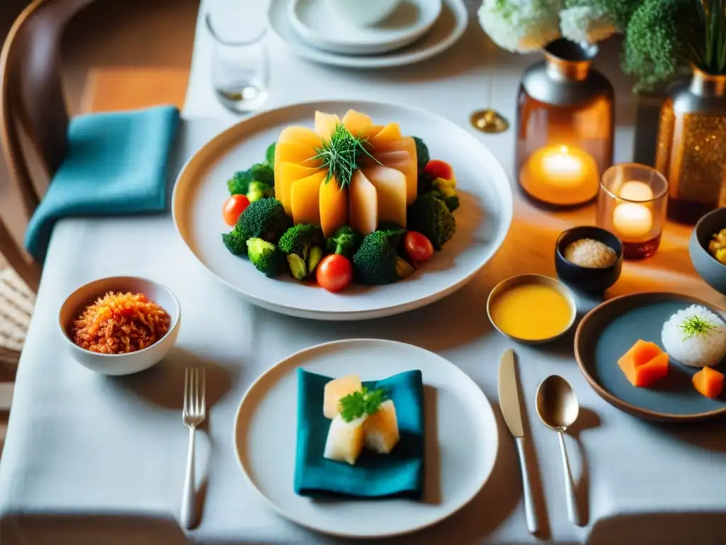 Un festín visual: mesa elegante con platos sin gluten y kimchi, maridaje perfecto de sabores y colores