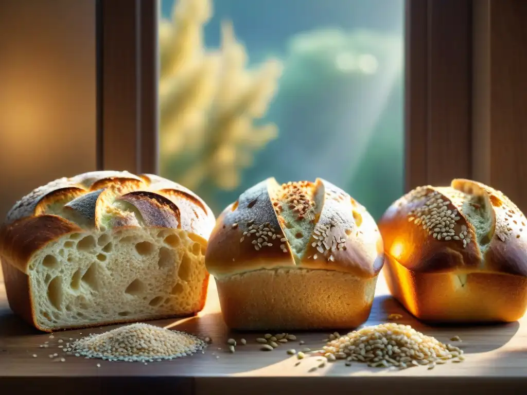 Un festín visual de pan sin gluten en máquina, decorado con semillas y granos, bañado por la cálida luz del sol