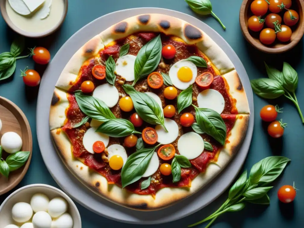 Un festín visual de pizzas sin gluten receta fácil, con ingredientes vibrantes sobre una mesa rústica