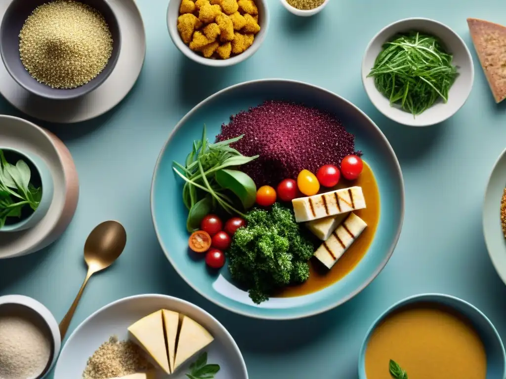 Un festín visual de platos variados con amaranto sin gluten, resaltando los beneficios del amaranto sin gluten en una mesa colorida y vibrante