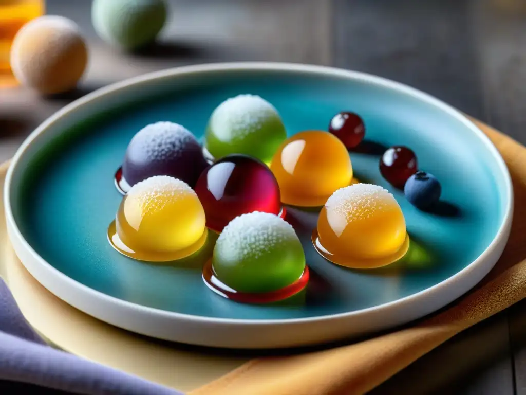 Un festín visual de postres asiáticos sin gluten: mochis, gelatinas de agar agar y dulces de matcha, presentados con elegancia en una bandeja moderna