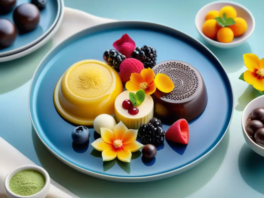 Un festín visual de postres fríos sin gluten innovadores, con mousses y tartaletas congeladas en una presentación colorida y vibrante