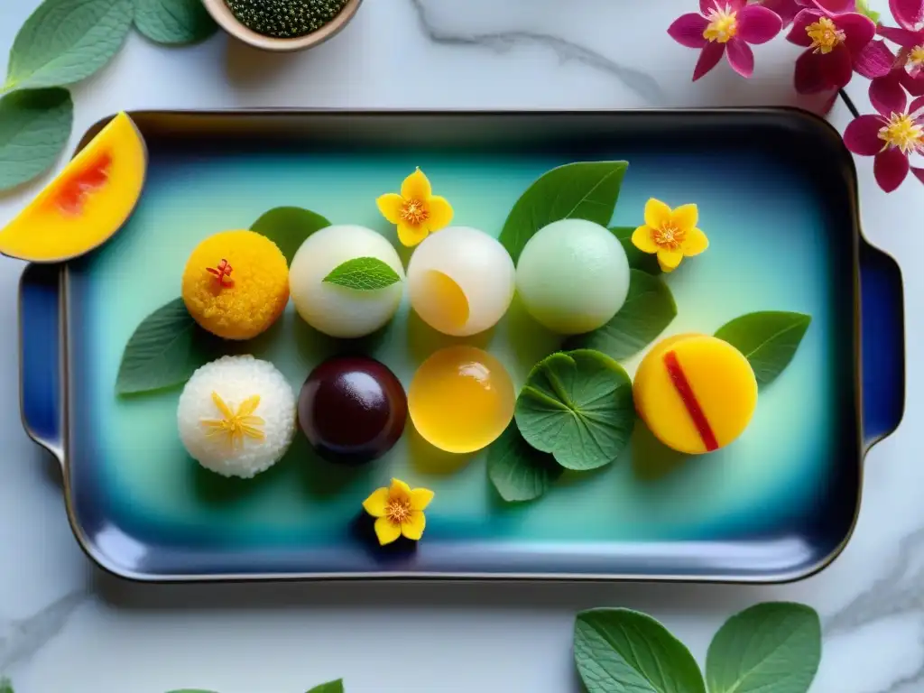 Un festín visual de postres sin gluten del mundo: una exquisita variedad de dulces asiáticos en una elegante bandeja moderna