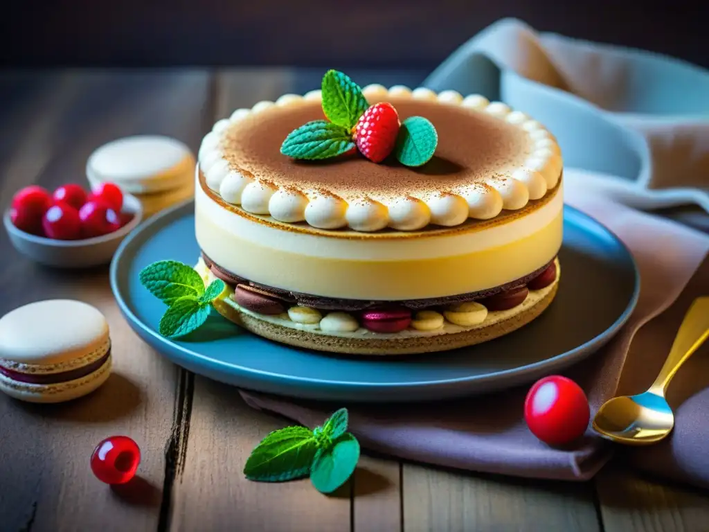 Un festín visual de postres sin gluten del mundo: tiramisú, macarons, trifle, flan y panna cotta en una mesa rústica con bayas y hojas de menta