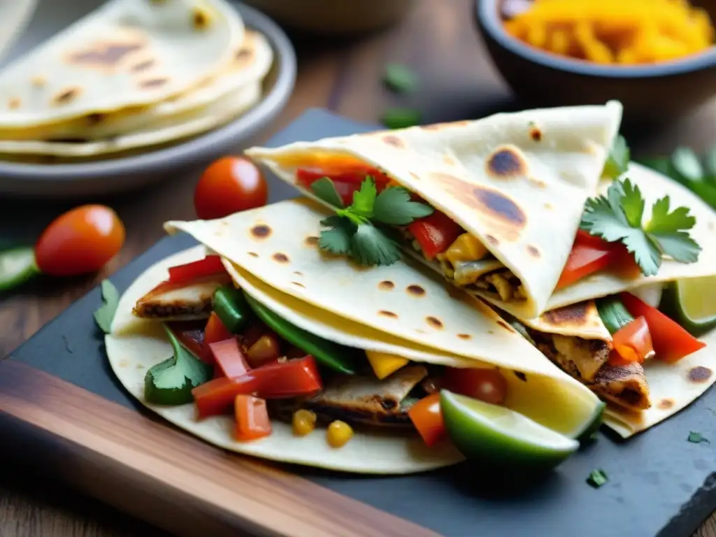 Un festín visual: quesadillas sin gluten receta fácil, con queso derretido, pollo a la parrilla y vegetales salteados