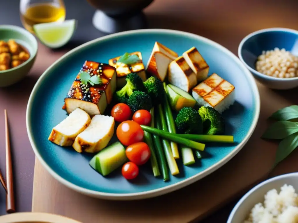 Un festín visual de Recetas sin gluten con soja: tofu revuelto, verduras marinadas y rolls de tofu crujientes, en una vibrante presentación asiática