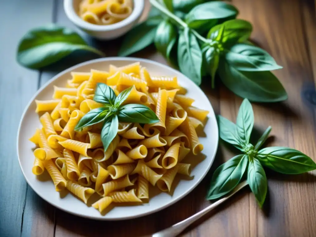 Un festín visual de recetas de pastas sin gluten: espirales, penne y espaguetis coloridos sobre una mesa rústica con hojas de albahaca fresca