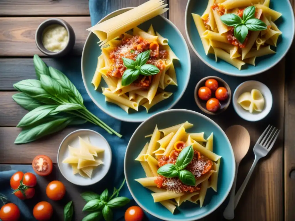 Un festín visual de recetas de pastas sin gluten finamente detalladas en una mesa rústica