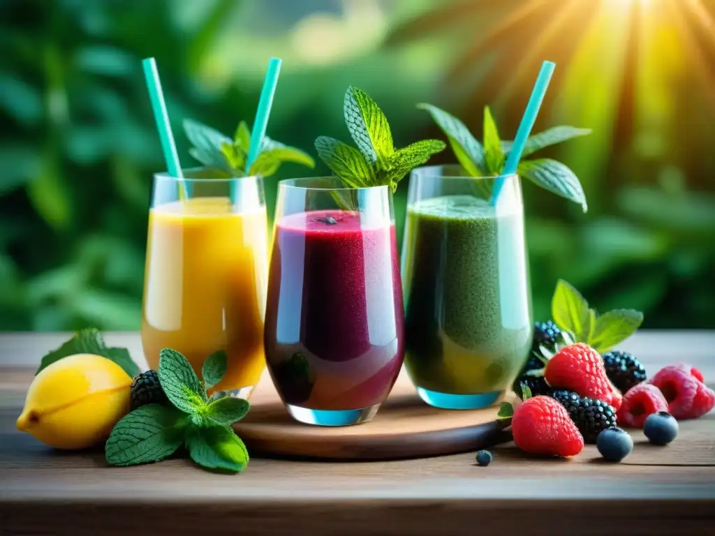 Un festín visual de smoothies sin gluten verano, con frutas vibrantes y frescas, sobre una mesa de madera rústica al sol