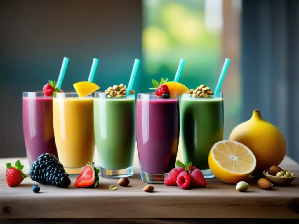 Un festín visual de smoothies sin gluten saludables veganos, con frutas frescas y semillas, sobre una mesa rústica