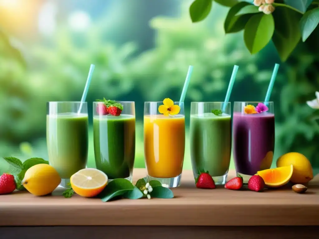 Un festín visual de Smoothies sin gluten primavera, con capas de colores pastel y decoración fresca, en un jardín soleado y acogedor