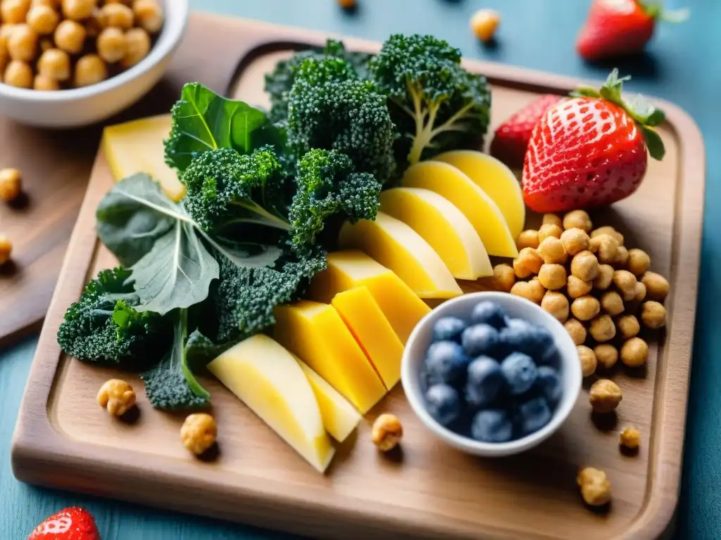 Un festín visual de Snacks sin gluten fáciles: chips de kale, bolitas energéticas, garbanzos tostados y frutas frescas sobre tabla rústica