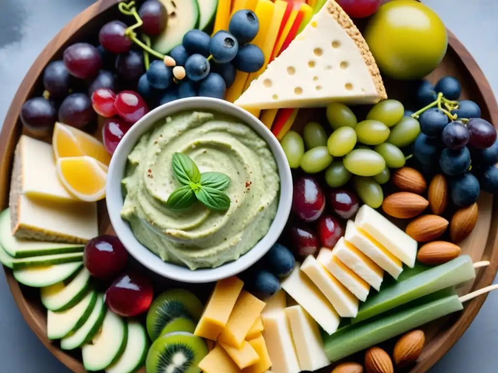 Un festín visual de snacks sin gluten saludables en tabla de madera: vegetales, frutos secos, hummus, frutas y queso artesanal