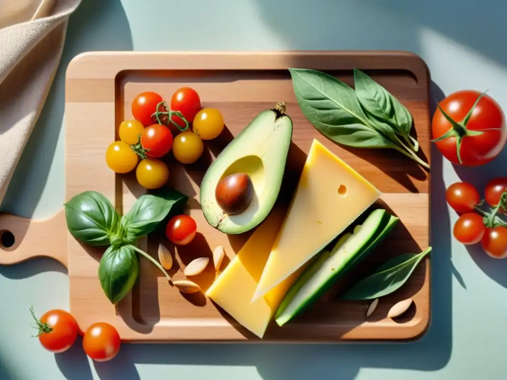 Un festín visual de snacks sin gluten fáciles: tomates cherry, pepino, aguacate, almendras, queso cheddar, albahaca y linaza