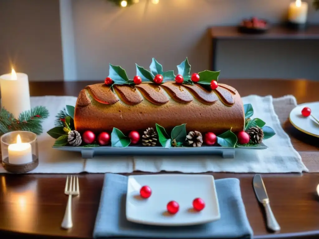 Festiva mesa navideña con deliciosas recetas sin gluten: galletas de jengibre, corteza de menta y tronco de Navidad, decorada con luces y acebo fresco