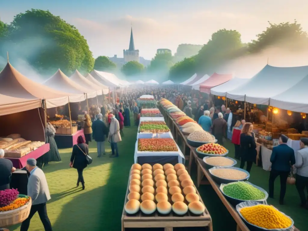 Festival gastronómico glutenfree: diversidad y alegría Un festival bullicioso con puestos de comida sin gluten, gente feliz y música en vivo