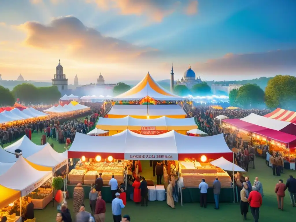 Un festival de comida sin gluten mundial: coloridos puestos, chefs preparando delicias, gente feliz degustando bajo el cálido sol