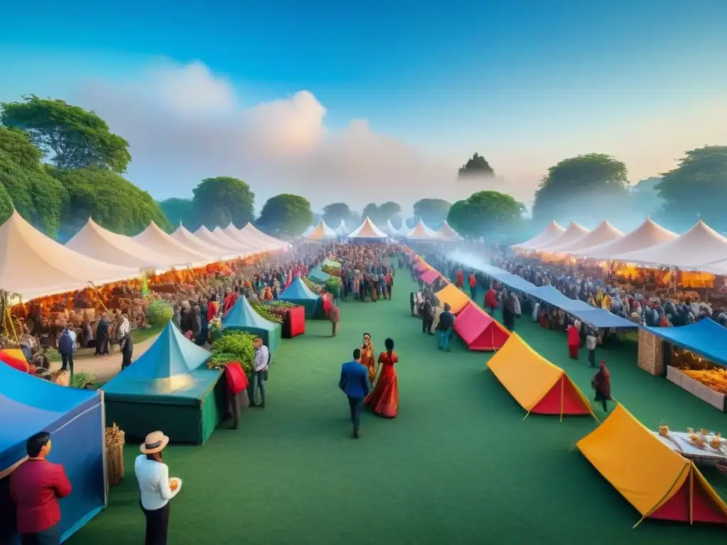 Un festival vibrante sin gluten alrededor, con gente diversa disfrutando de comida, música y artesanías en un ambiente festivo y colorido