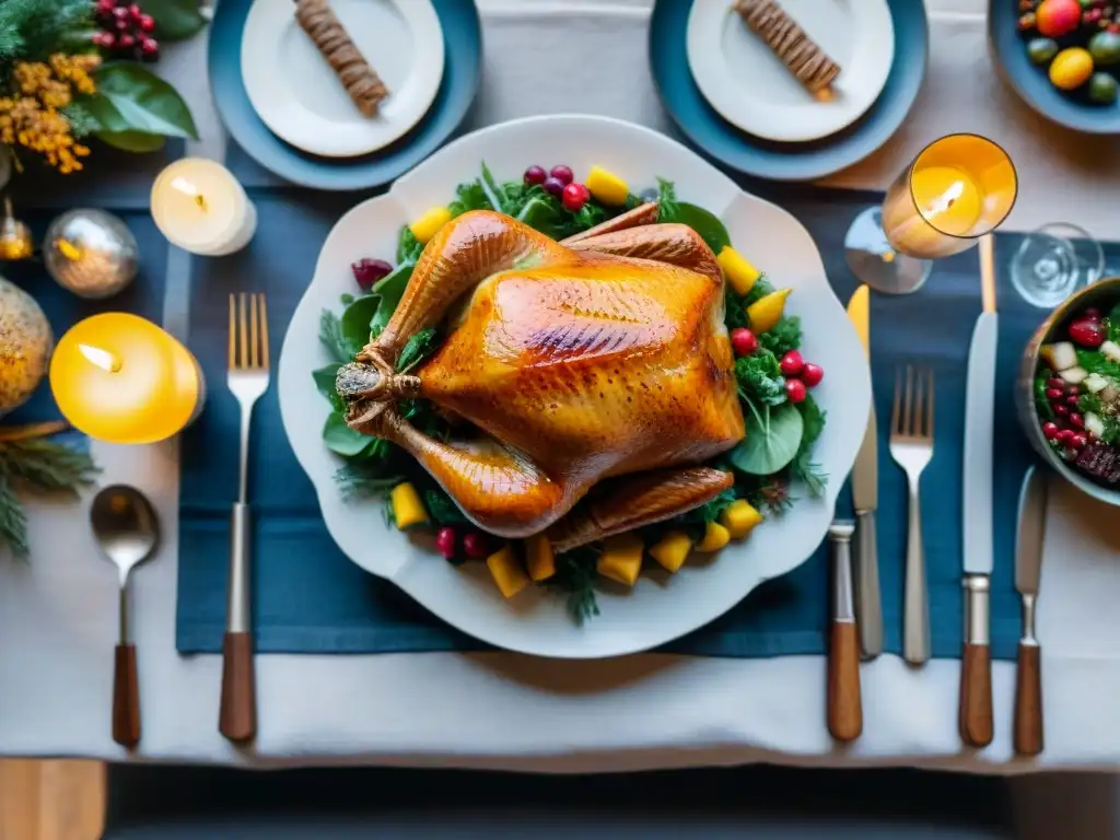 Un festivo banquete sin gluten con pavo dorado, guarniciones coloridas y postres decadentes