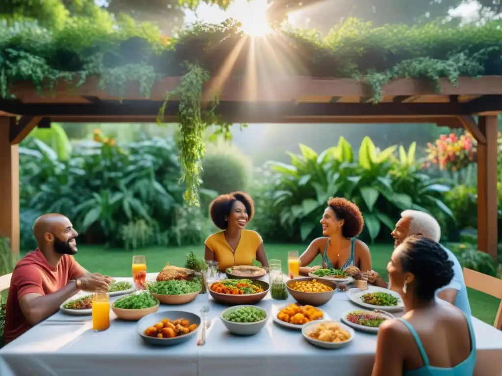 Comida vegana en comunidad: diversidad y alegría en jardín Un festivo banquete vegano sin gluten en comunidad