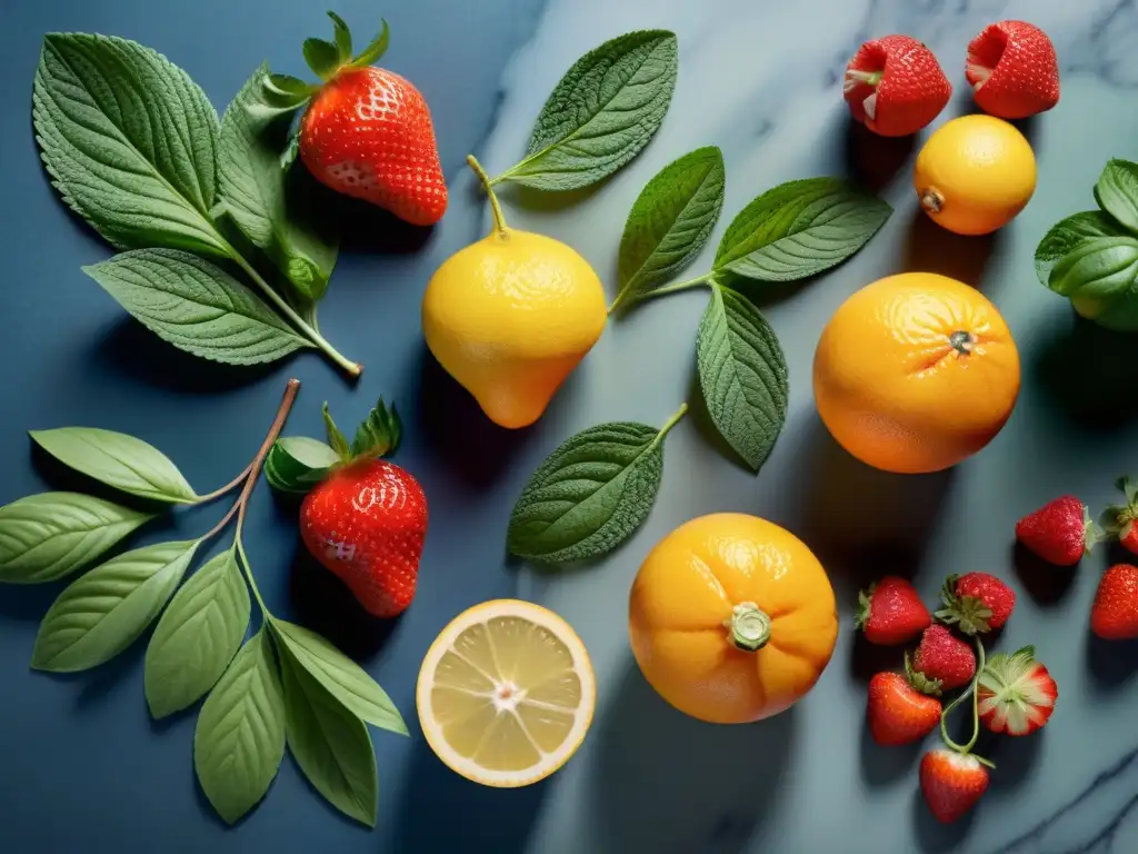 Un festivo y colorido arreglo de frutas y hierbas frescas sobre un elegante mostrador de mármol