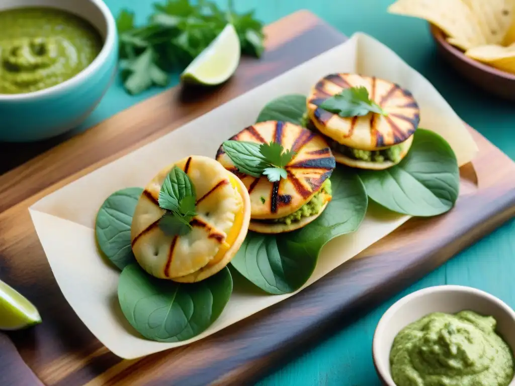 Un festivo y colorido surtido de aperitivos latinos sin gluten para fiestas, con chips de plátano, empanadas, arepas y camarones a la parrilla con chimichurri, presentados de manera detallada en una tabla rústica