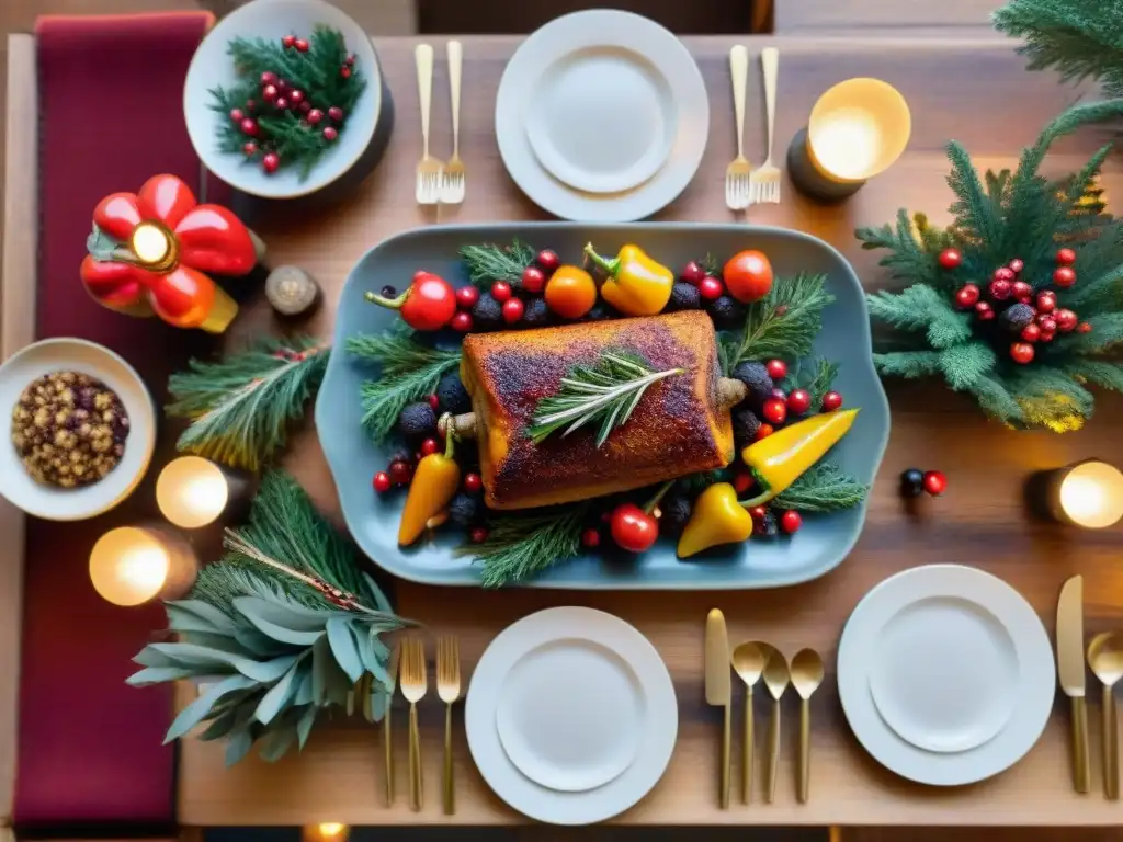 Un festivo y detallado banquete vegano sin gluten en una mesa decorada, ideal para reuniones navideñas