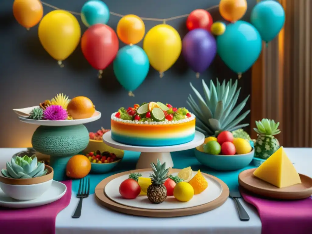 Un festivo menú sin gluten para fiesta con platos coloridos y exquisitamente presentados en una mesa vibrante