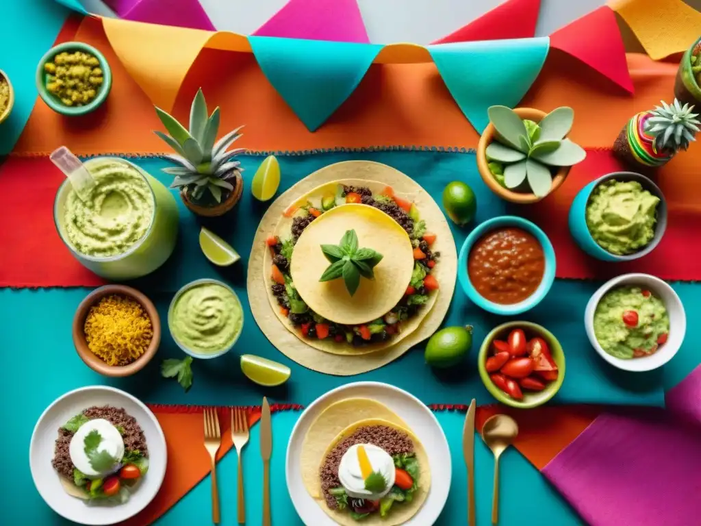 Un festivo menú sin gluten para fiesta con tacos, guacamole, ensaladas y pastel, decorado con motivos mexicanos vibrantes