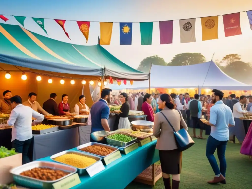 Un festivo mercado gastronómico mundial sin gluten con vibrantes colores y diversidad de personas disfrutando