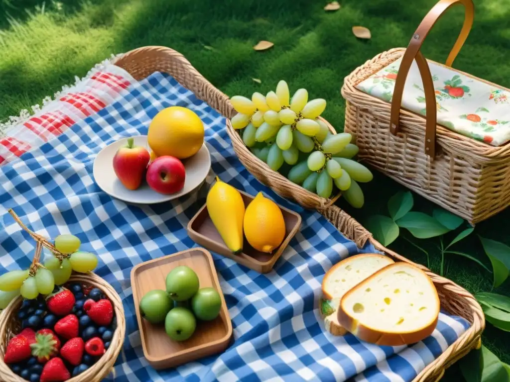 Un festivo picnic de verano sin gluten bajo un árbol frondoso en un parque verde, con frutas frescas y refrescos